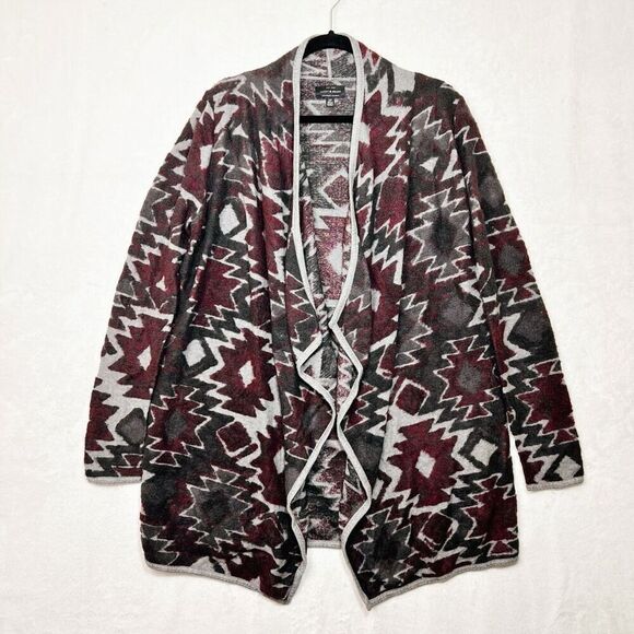 Lucky Brand Burgundy Gray Aztec Print Open Front Cardigan Cotton Blend Sz S New - Picture 3 of 15